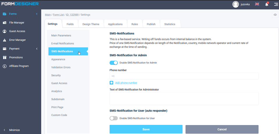 Setting SMS notifications