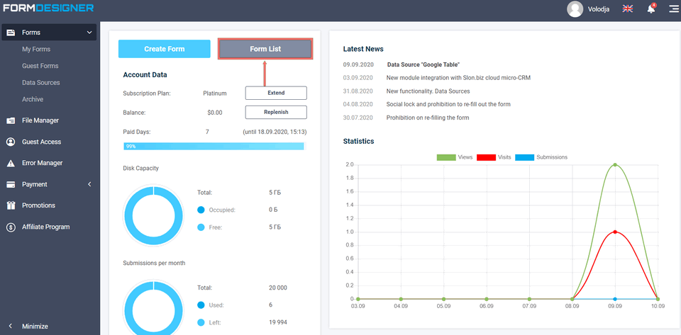 The main page of your personal account in FormDesigner web forms builder