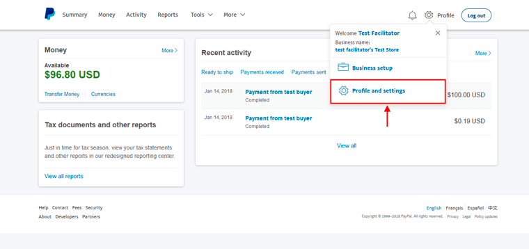 Настройки профиля paypal