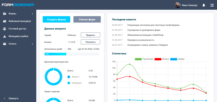 Главная страница конструктора веб-форм