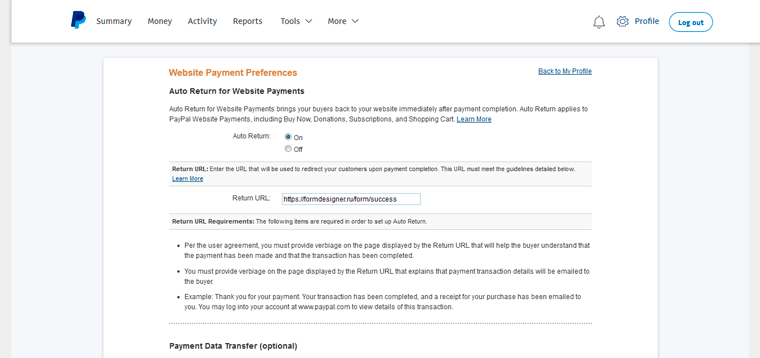 Return URL Paypal